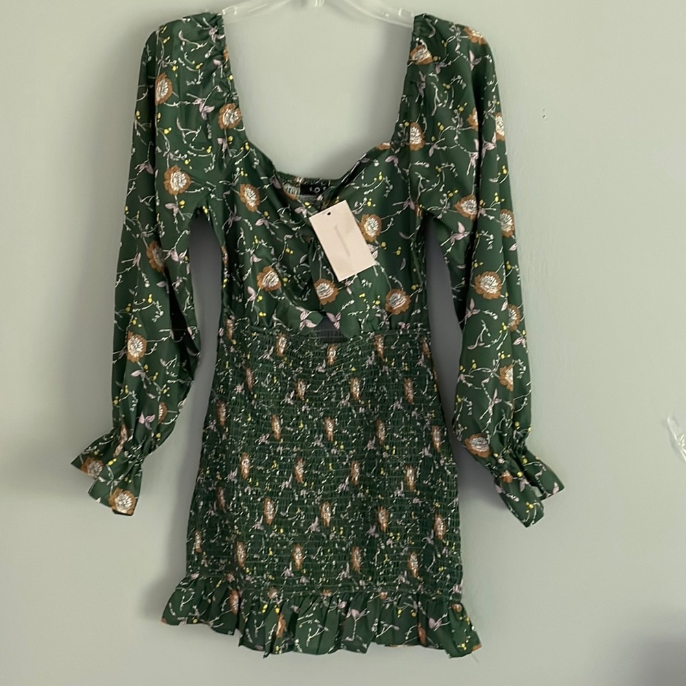 FORE  green floral mini  long sleeve  Bodycon dress size small